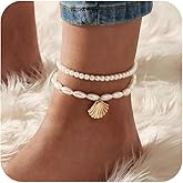 prgislew Boho Pearl Anklets for Women - 2Pcs Pearl Anklet Beaded Layered Ankles Bracelets Shell Pendant Elastic Foot Chain Shell Anklets for Women Fashion Jewelry