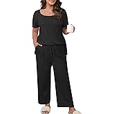 ZHUHOUSE Women’s Plus Size 2 Piece Pajamas Lounge Sets Summer Outfits Short Sleeve Tops Wide Leg Pants with Pockets