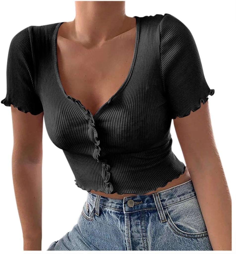 HIRIRI Women's Basic Crop Top Solid Color V-Neck Ribbed Trim Short-Sleeve Button Short Top Girl Teens Short Shirt