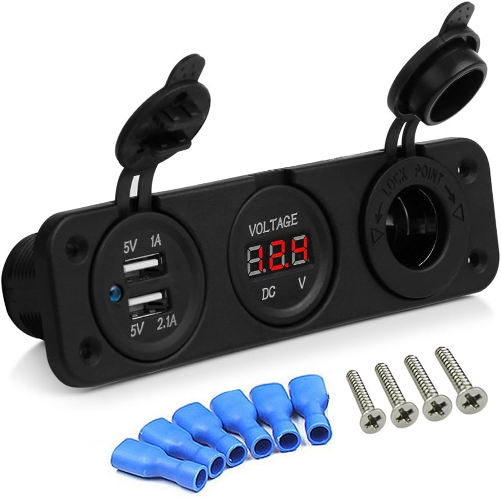 SQDeal 12V Universal Cigarette Lighter Socket + Dual USB Power Adapter Charger + LED Digital Voltmeter for Car Auto Motorcycle Boat Riding Mower Tractor Travel Trailer Caravan (3 in 1)