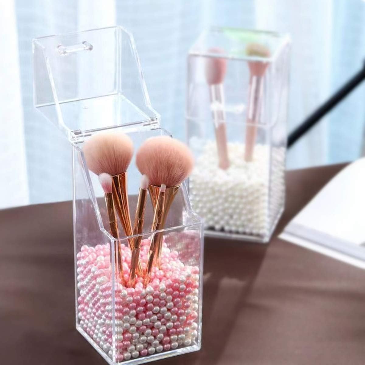 ACEDIVA Makeup Brush Holder Acrylic Makeup Organizer with lid, Cosmetic Display Cases with White Pink Pearl (Square): Home & Kitchen