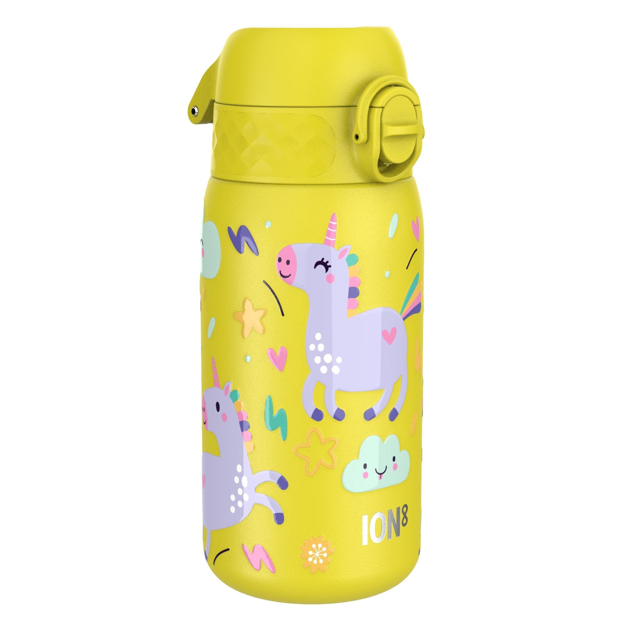 ION8 Kids Water Bottle, Lightweight Steel, 400 ml/13 oz, Leak Proof, Non-Insulated, Easy to Open,Secure Lock, Dishwasher Safe, Flip Cover, Carry Handle, Easy Clean, Metal Water Bottle, Yellow Unicorns