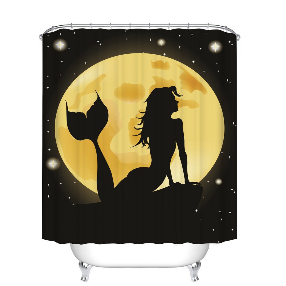 Fangkun Bathroom Shower Curtain Mermaid 3D Print - Polyester Fabric Bath Curtains Set - 12pcs Shower Hooks - Black Orange - 72 x 72 inches