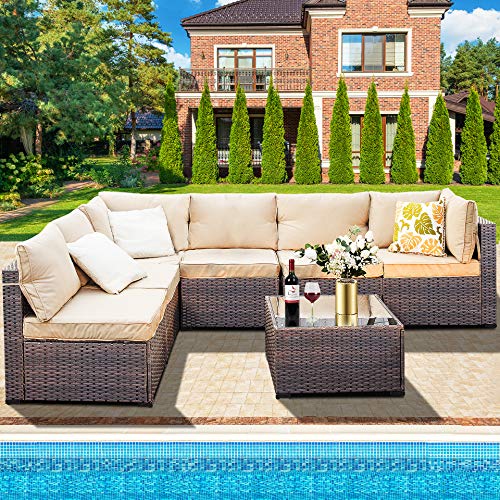 Outdoor Patio Furniture Sets,7 Pieces Rattan Patio Sofa, Manual Weaving Wicker Patio Conversation Sectional Sets with Cushions and Tea Table