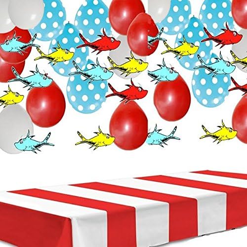 Dr. Seuss Fish Cut-Outs, Striped Table Cover &amp; 30 Party Balloon Set