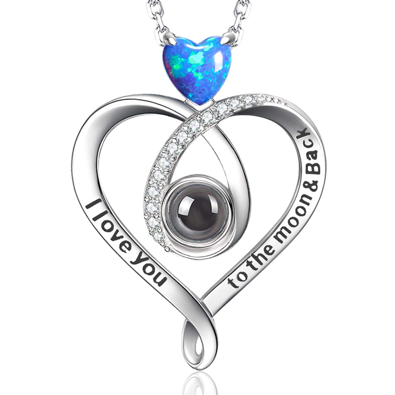 GinoMay Mothers Day Birthday Gifts Wife Blue Opal Necklace Women I Love You Necklace 100 Languages to the Moon and Back Jewellery Sterling Silver
