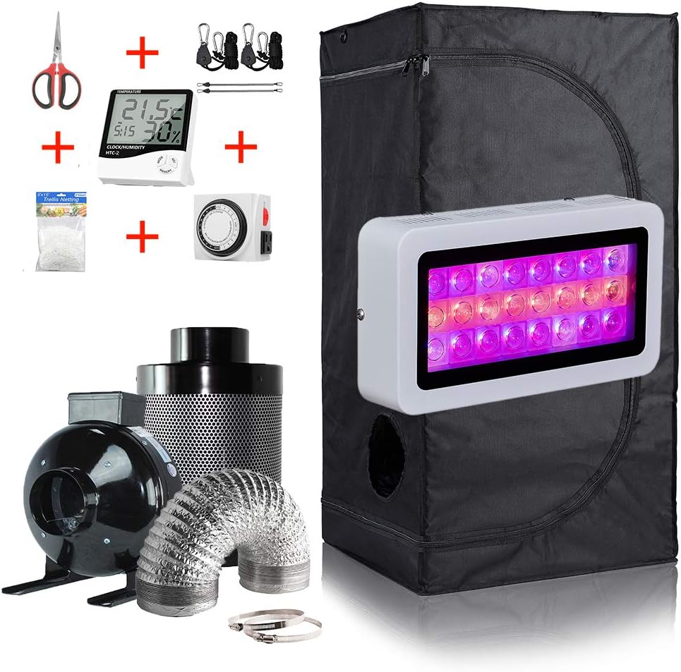 GreenHouser 24''x24''x48'' Small Grow Tent Room + LED 300w Grow Light + 4" Carbon Filter Combo + Five Accessories Grow Tent Kit Complete Indoor Hydroponic Planting System