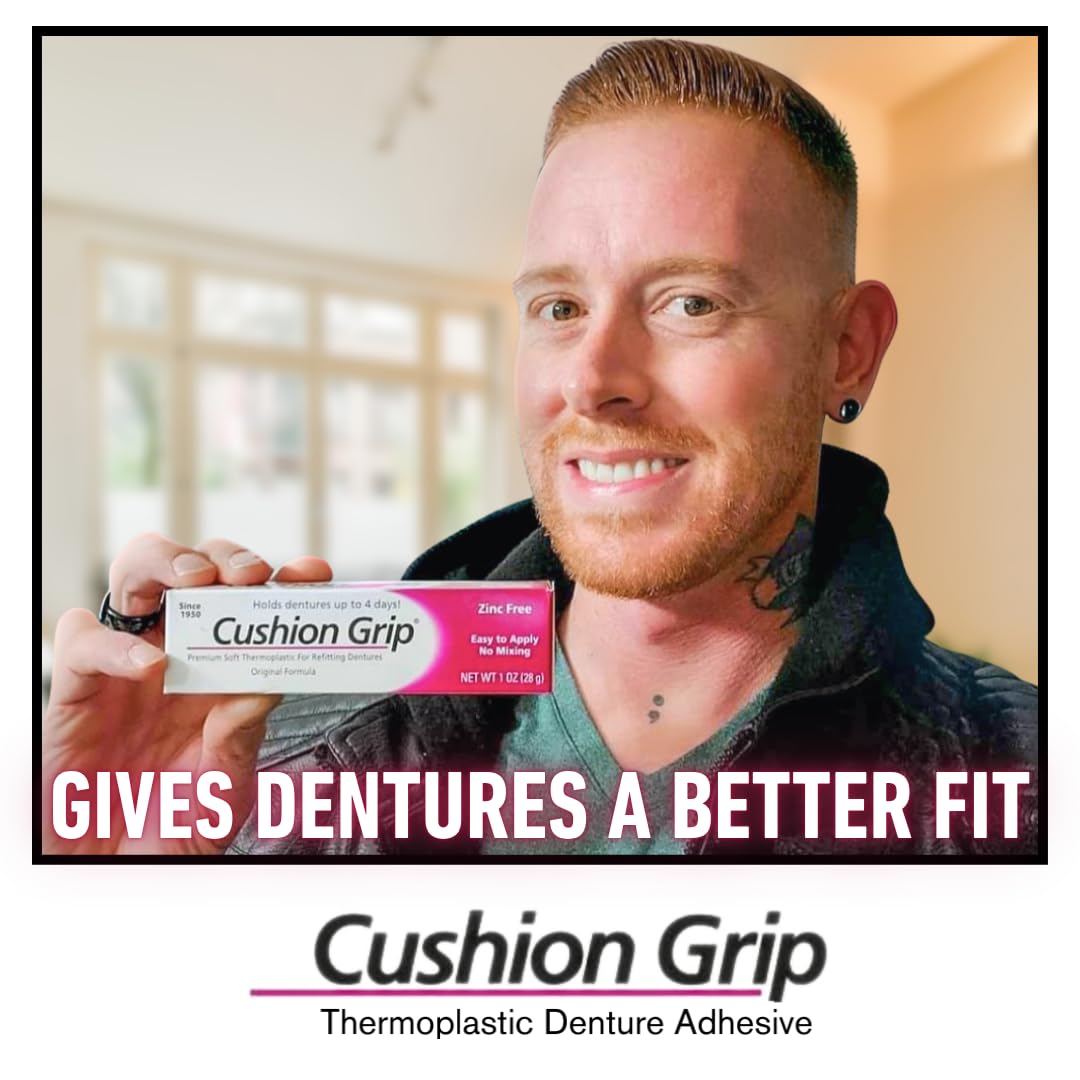 Cushion Grip Thermoplastic Denture Adhesive, 1 oz – Refits & Tightens Loose Dentures for Up to 4 Days, Long-Lasting Glue-Free Formula
