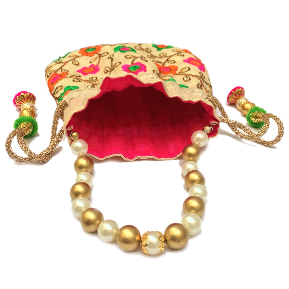 shubh shagun women's silk thread embroidered flower design rajasthani ethnic potli, medium(multicolour)