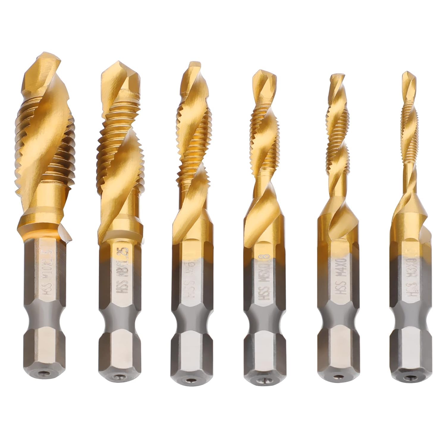 Honiwu HSS Tap Drill Bit Set, 6 Packs Combination Drill Taps Bit Set, M3 M4 M5 M6 M8 M10 Hex Shank Screw Spiral Point Thread Metric Plug Drill Bits Twisted 1/4” Screw Taps Tool Set