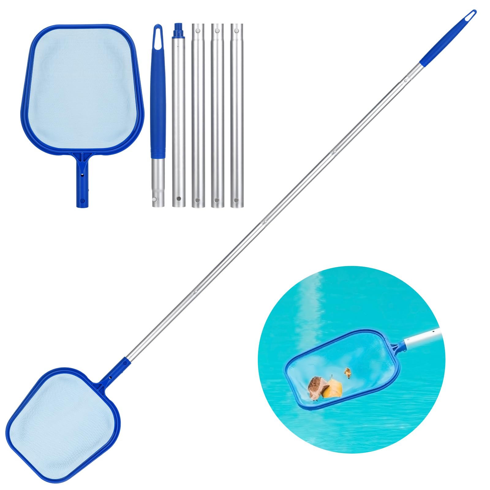SENTAIMAO Pool Nets for cleaning Pool Leaf Net Pool Cleaning for Catching Floating Leaves, Insects,Adjustable 5 Connecting 48Inch Aluminium Telescopic Pole Excellent Swimming Pool(Blue)