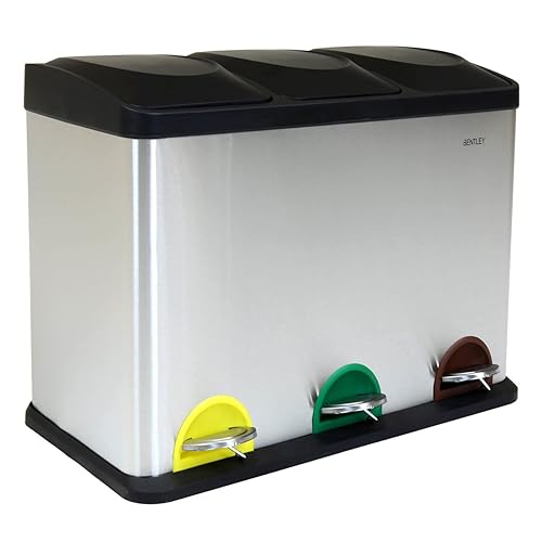 60L LITRE STAINLESS STEEL 3 COMPARTMENT RECYCLING BIN PEDAL WASTE TRASH