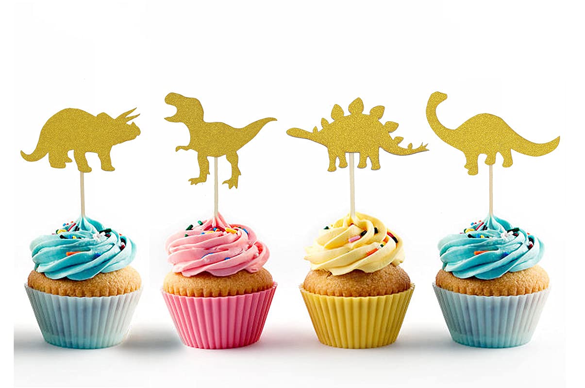 Topfunyy 24 Counts Dinosaur Cupcake Toppers Gold Glitter Cake Picks for Baby Shower Kids Birthday Party Favors