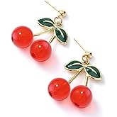 3D Cherry Earrings for Women, Gold Plated Sweet Cute Cherry Earring Accessories, Creative Light Weight Fruits Tassel Dangle Drop Green Leaf Earrings for Women