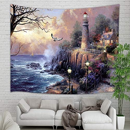 KOTOM Lighthouse Tapestry Wall Hanging, Painting Lighthouse by Ocean Coast with Wooden House Wall Tapestry Art for Home Decorations Dorm Decor Living Room Bedroom Bedspread, (80X60IN)