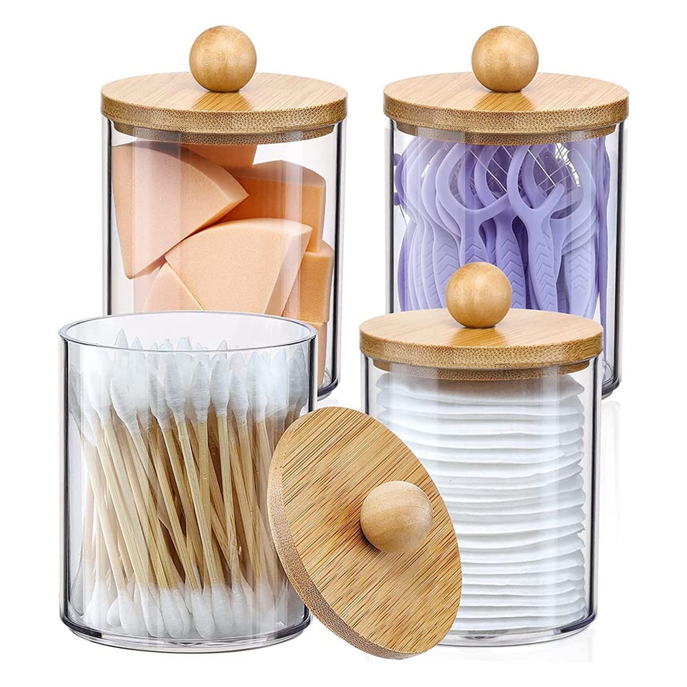 KJKVIVH Cotton Pad Box Bathroom Organizer Accessories Storage Containers Clear Plastic Jars with Bamboo Lids for Cotton Ball,Floss