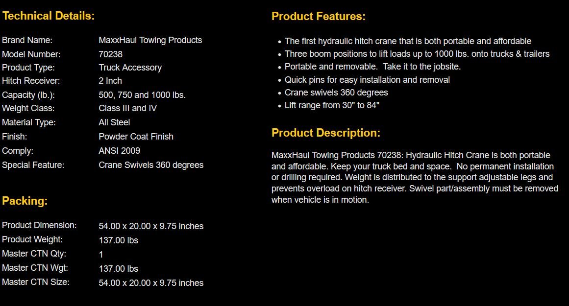 MaxxHaul 70238 Receiver Hitch Mounted Crane 1000 lbs. Capacity