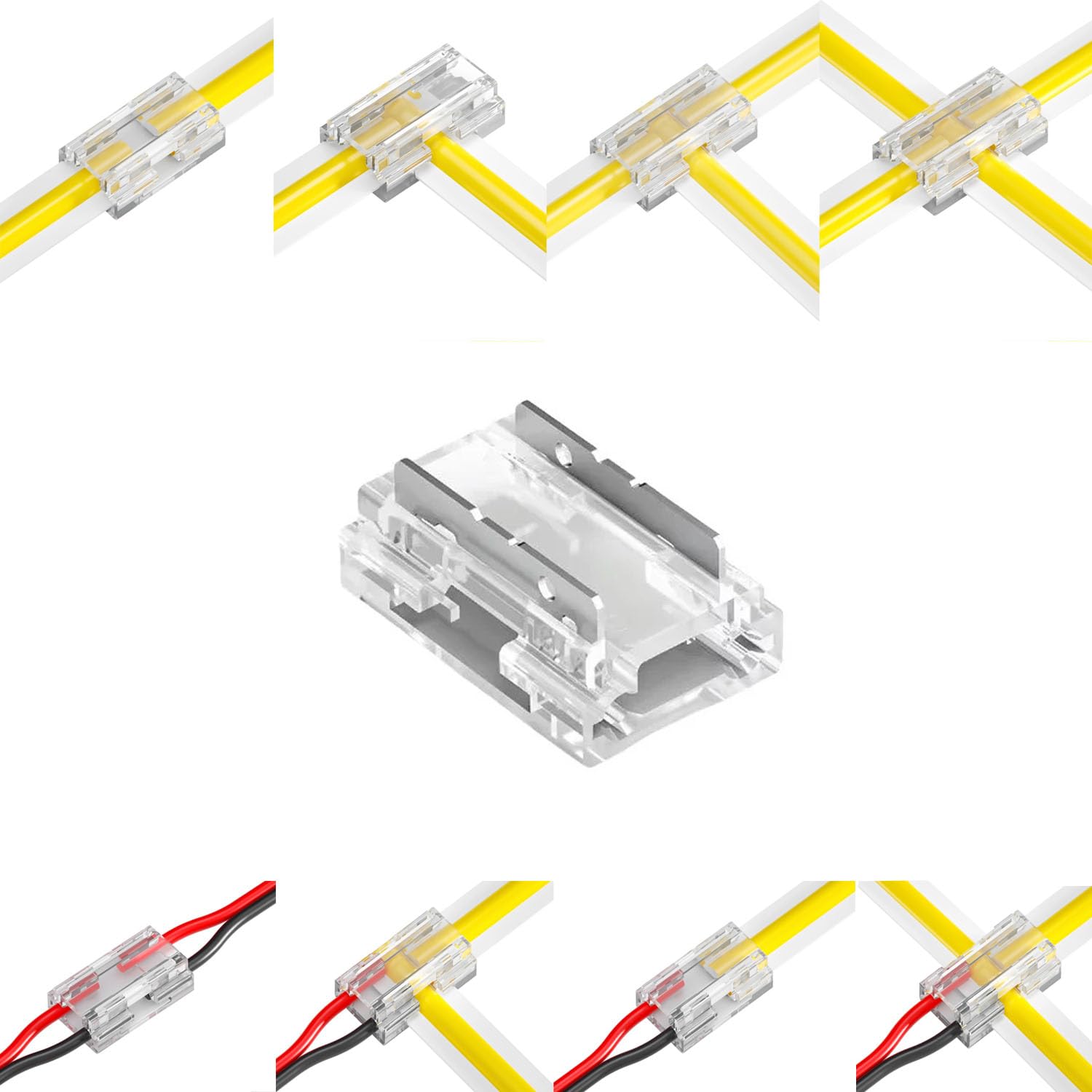ENQIMAOYI 25pcs 8-in-1 2 Pin 10mm LED Strip Light Connectors,COB Light Connector Gapless Solderless Connection, Strip to Strip to Wire Connector for COB/SMD 2835/3528 Single Color LED Strip