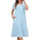 GCWBOTTO 100% Cotton Nightgowns for Women Soft Button Pleated House Dress Long Moomoo Nightgown with Pockets