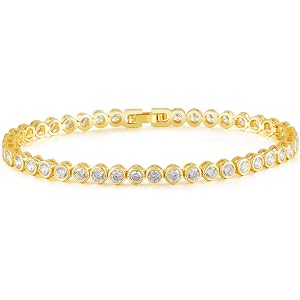 TRENDOLLA 18K Gold Plated Bezel Set 3mm Cubic Zirconia Tennis Bracelet for Women and Men Size 6-7.5 Inches