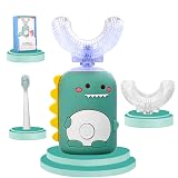 KAQINWX Kids U Shaped Electric Toothbrush for Age 2-12, Rechargeable Toddler Toothbrush with Smart Timer & 3 Clean Modes, Dinosaur Design, IPX7 Waterproof, 3 Brush Heads & 360°Cleaning