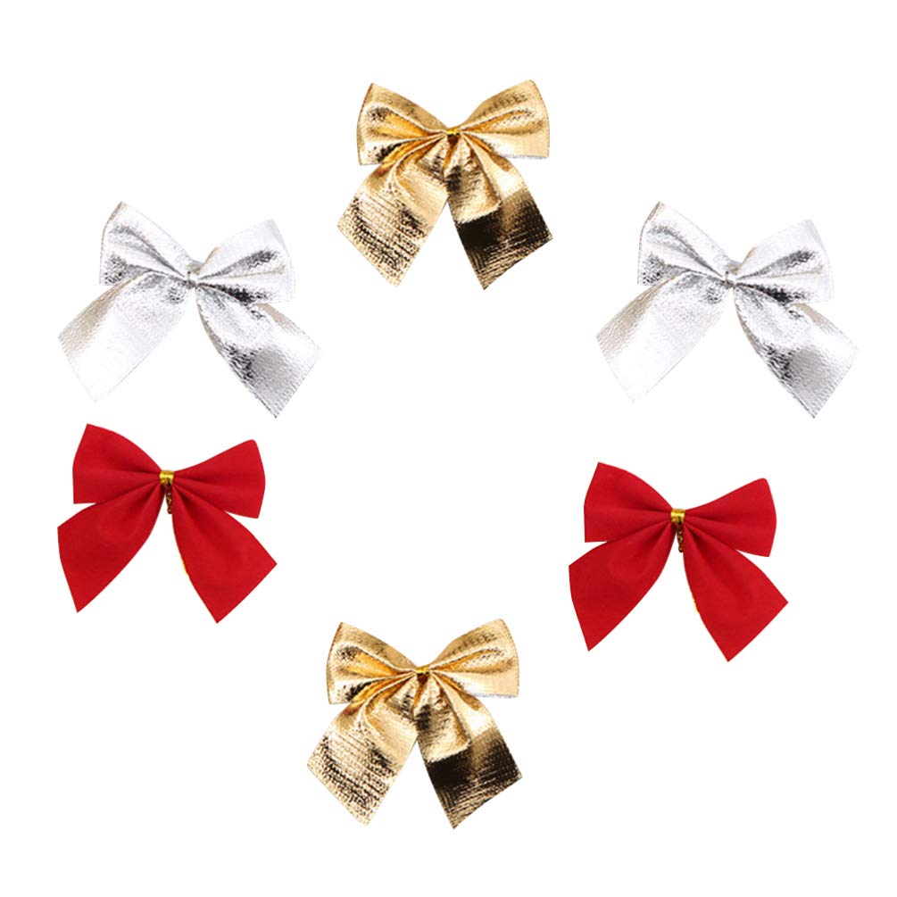 TOYANDONA 36pcs Christmas Ribbon Bows Ornaments Mini Xmas Bowknot Craft Gift Ornament Christmas Tree Hanging Decor (Red, Gold and Silver)