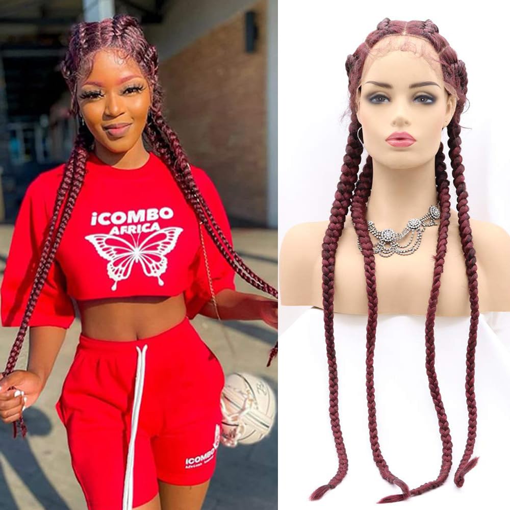 Xiweiya Wigs Afro wigs Long Braided Wig Wine Red Color Hair Highlight Big Braiding Synthetic Lace Front Wig with Four Braids for Women,Drag Queen Makeup Party 36 Inches