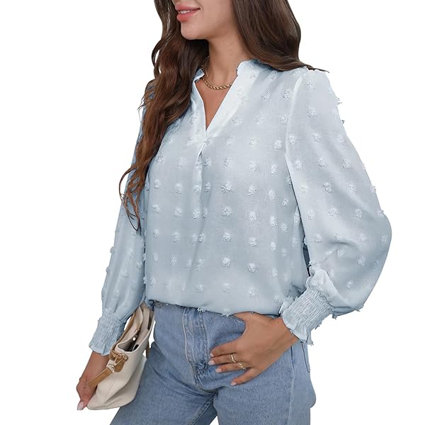 FWAY WOMENS TOPS DRESSY CASUAL V NECK DOT LONG SLEEVE WORK SHIRTS CHIFFON BLOUSES FASHION 2023 TUNIC SHIRT LIGHT BLUE