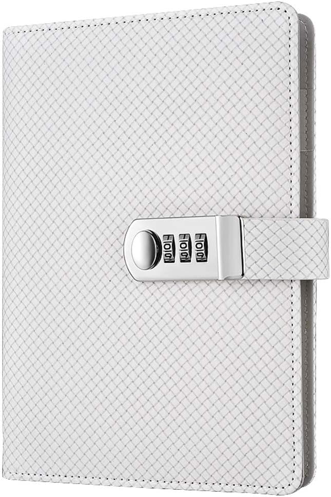 ARRLSDB A5 Creative Password Diary with Lock PU Leather Diary with Combination Lock Digital Password Notebook Locking Student Handbook Notepad and Journal Diary (White)