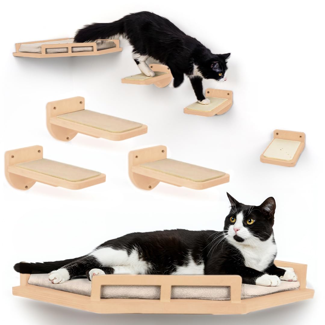 Photo 1 of INICIO Cat Wall Shelves - Modern and Durable 3 Step Cat Furniture for Wall - Stylish Birch Floating Shelf for Cats up to 15lbs - Wooden Corner Shelves with Cushioned Perch - Natural Wood