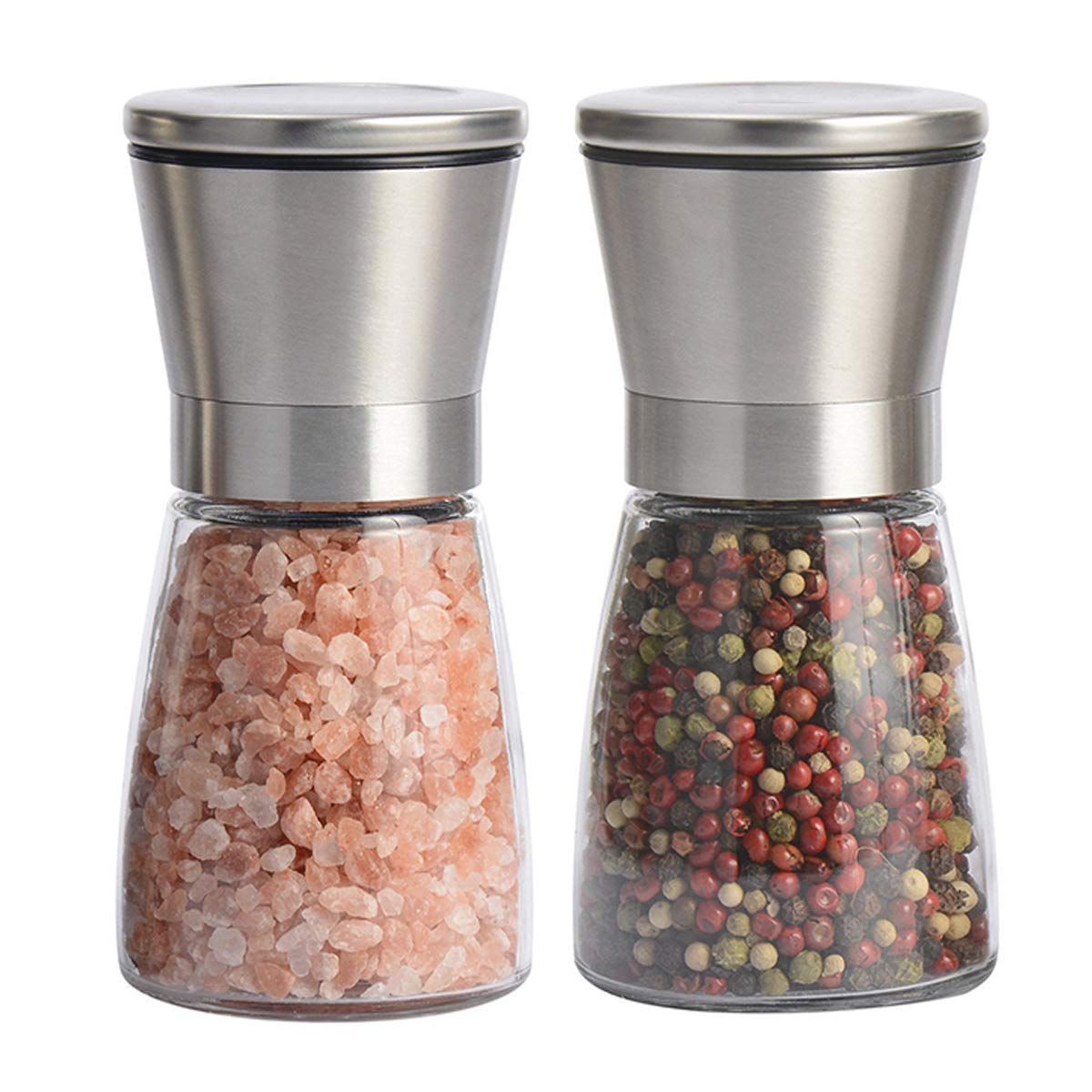 Salt and Pepper Grinder Set of 2, Premium Stainless Steel Spice Mill with Adjustable Coarseness, Ceramic Blades, Refillable Glass Body with 60Z Capacity