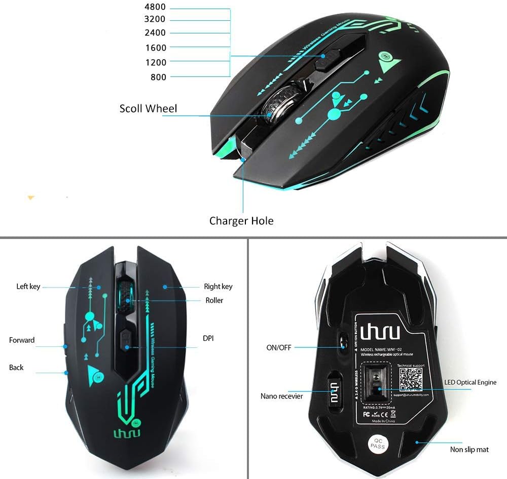 UHURU Wireless Gaming Mouse, Gaming Mice with 4800 DPI, 6 Programmable