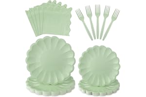 NatNarr 96 Pcs Sage Green Paper Plates and Napkins Sage Green Party Supplies Serve 24 Guests Include Scalloped Paper Plates Napkins Plastic Forks for Baby Bridal Shower Wedding Birthday