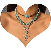 LANWLOSI Layered Western Necklaces for Women Western Boho Country Necklaces Trendy Gold Layered Neck-laces Turquoise Beaded Choker Country Concert Jewelry Cowgirl Outfits Accessories
