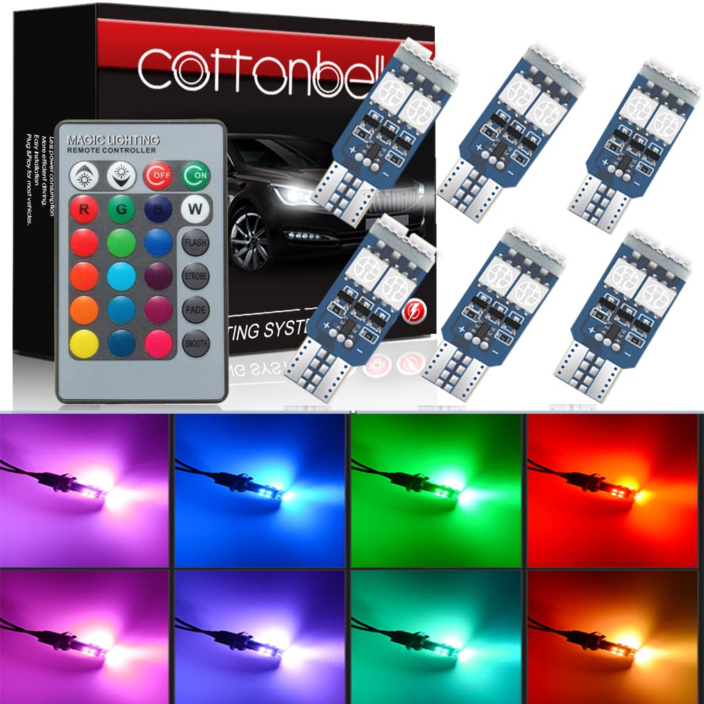 Photo 1 of Cottonbell 194 W5W 168 RGB T10 LED Light Bulb with Remote Control Atmosphere Lights for Car Interior/Map/Dome/Door/License Plate Light Courtesy Lights 6 pack