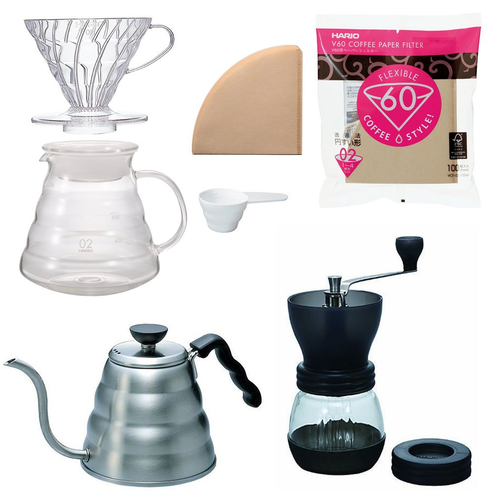 Hario V60 Kettle, Brewer Set, Coffee Mill & 100 Extra Filters Package