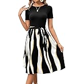 Women's Elegant Vintage Round Neck Short Sleeve Summer Casual Work Party A-Line Dress with Belt 809