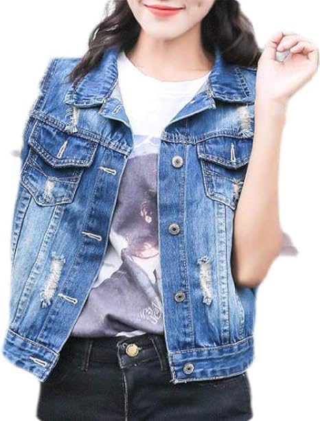 Amazon Jsyjp レディースユーズドボタンダウンクロップノースリーブデニムジャケットベスト ベスト 通販