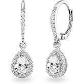 Sterling Silver Genuine or Synthetic Gemstone Halo Teardrop Dangle Leverback Earrings for Women Bridesmaids