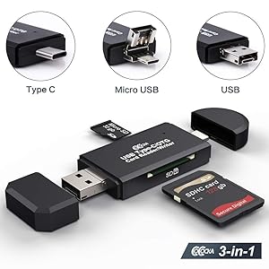 SD Card Reader, Micro SD/TF Compact Flash Card Reader with 3 in 1 USB Type C/Micro USB Male Adapter and OTG Function Portable Memory Card Reader for & PC & Laptop & Smart Phones & Tablets (USB 2.0)