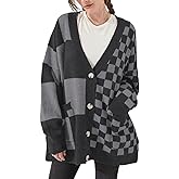 CHARTOU Women Slouchy Checkered Cardigan Oversized Open Front Cardigan Sweater Plaid Knit Outwear Coat