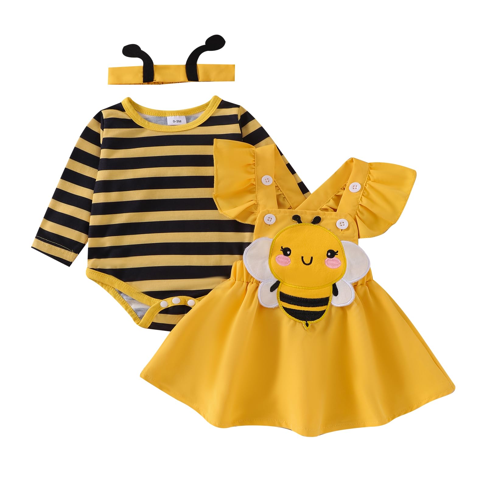 Photo 1 of Toddler Girl Halloween Outfits Long Sleeve Romper Onesie Bee Suspender Skirt Dress My First Halloween Baby Girl Outfit (B-Yellow, 12-18 Months)