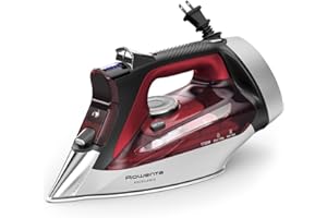 Rowenta Iron, Focus Excellence Stainless Steel Soleplate Steam Iron for Clothes, Retractable Cord, 400+ Microsteam Holes, Powerful steam, LED Display, 1750 W Ironing Clothes, Cordreel, Red DW5433