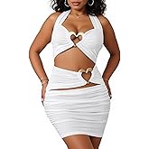 Geulis Sexy 2 Piece Skirt Sets for Women Summer Cut out Sleeveless Halter Crop Tops Ruched Bodycon Mini Skirt Beach Outfits