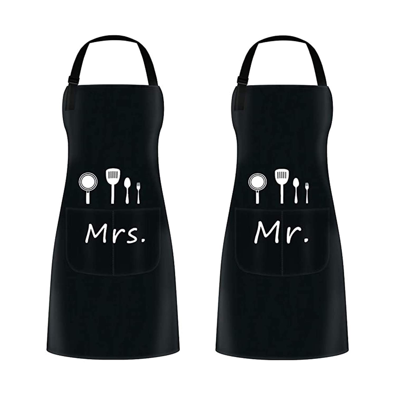 ETLEE Mr. & Mrs. Couple Aprons（2PCS ） Set Adjustable Kitchen Cooking Bib Apron Wedding Anniversary Engagement Bridal Shower Gift For Couples and Newlyweds (Black)