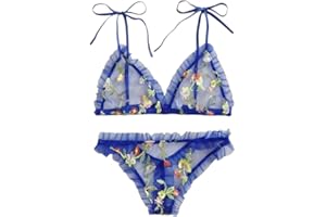 YISENJEE Sexy Lingerie Sexy Women's Spaghetti Strap Mesh See-Through Embroidered Print Two-Piece Underwear Set