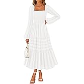 MEROKEETY Women's 2025 Long Sleeve Fall Dress Square Neck Smocked Flowy Tiered Casual Maxi Dresses with Pockets