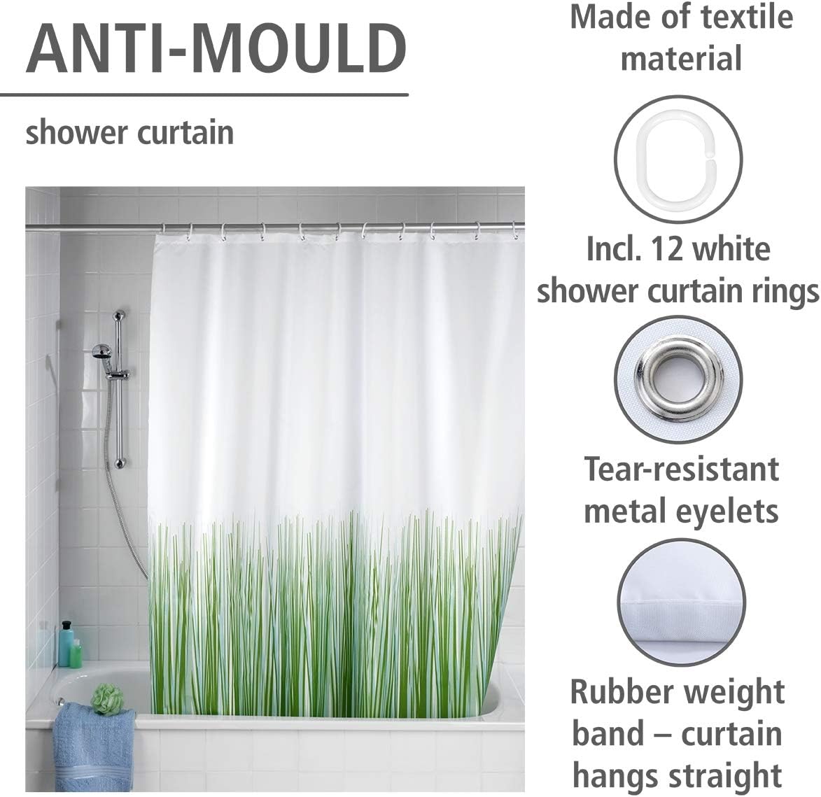 WENKO 20060100 Antimould shower curtain Nature antibacterial, washable, Plastic Polyester, White, Multi-colour - Image 3