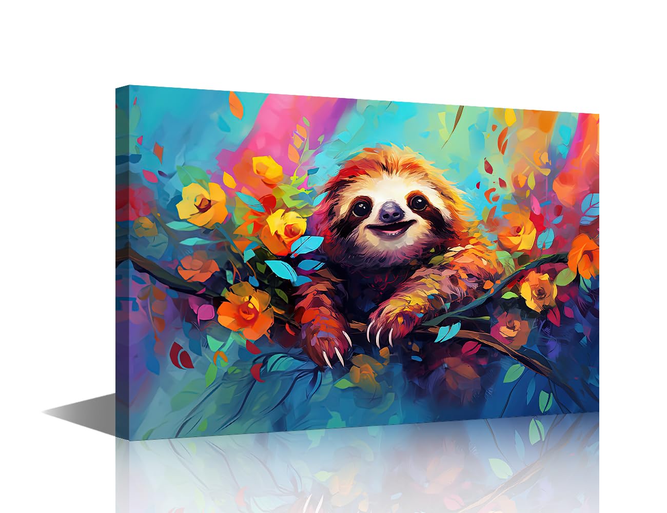 Canvas Wall Art Happy Baby Sloth Oil Painting Canvas Prints Stretched and Framed Cute animal with Color Splash Pictures for Living Room Home Decorations 18x12 inch