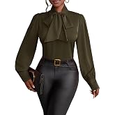 Vrtige Women's Bow Tie Neck Elegant Blouse | Long Sleeve Business Dressy Casual Shirt Top